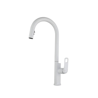 Matte white pull-down kitchen faucet, brass, tall gooseneck spout and open-loop side handle — SANIKB FYF-05017.