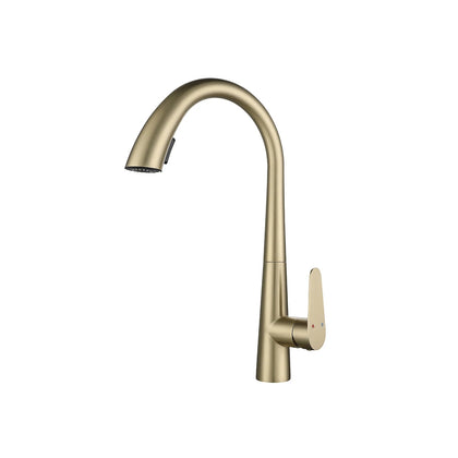 Brushed gold pull-down kitchen faucet, brass body, tall high-arc gooseneck spout — SANIKB FYF-05018.