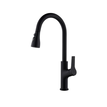 Matte black pull-down kitchen faucet, brass body, high-arc gooseneck spout and fluted lever handle — SANIKB FYF-05028.