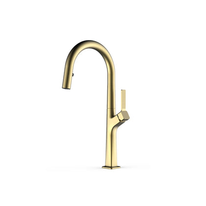 Brushed gold pull-down kitchen faucet, brass, tall C-curve spout and ribbed side handle — SANIKB FYF-05033.
