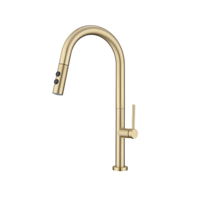 Brushed gold pull-down kitchen faucet, brass body, curved gooseneck spout and side lever handle — SANIKB FYF-05034.