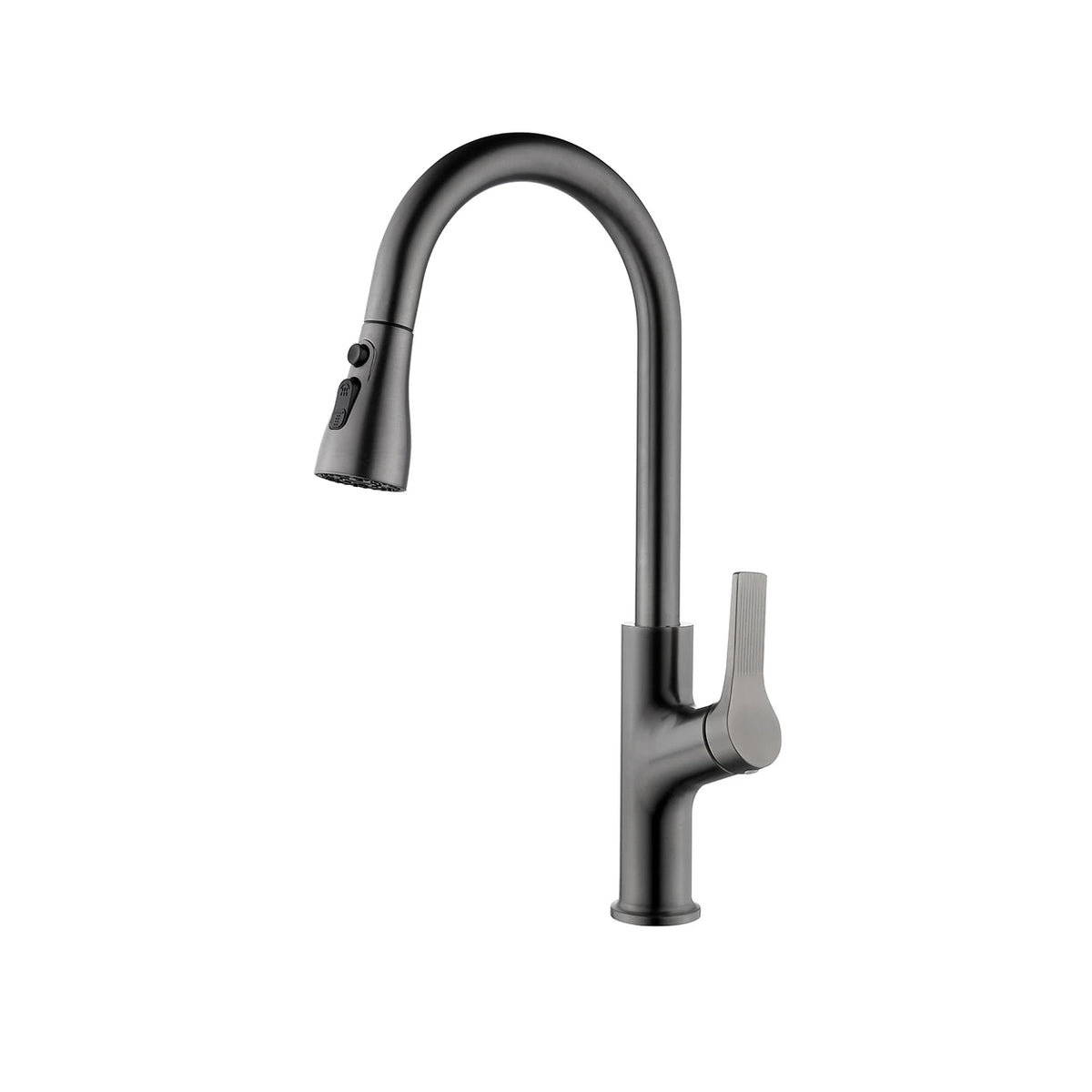 Gunmetal gray pull-down kitchen faucet, brass body, gooseneck spout with dual-spray head — SANIKB FYF-05028.