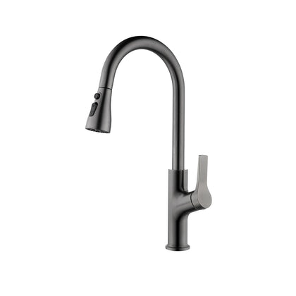 Gunmetal gray pull-down kitchen faucet, brass body, gooseneck spout with dual-spray head — SANIKB FYF-05028.