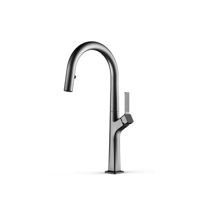 Gunmetal grey pull-down kitchen faucet, brass, high-arc gooseneck with fluted handle — SANIKB FYF-05033.