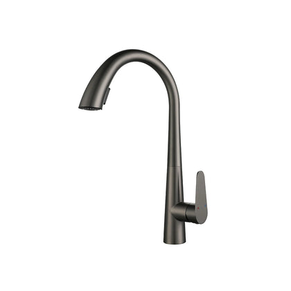 Gunmetal grey pull-down kitchen faucet, brass body, curved high-arc spout — SANIKB FYF-05018.