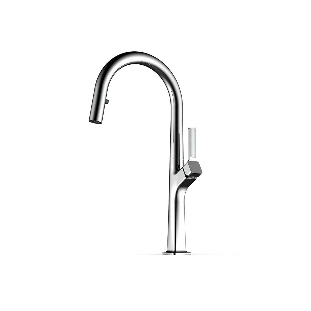 Polished chrome pull-down kitchen faucet, brass, tall gooseneck spout and fluted lever — SANIKB FYF-05033.