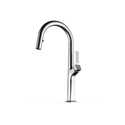 Polished chrome pull-down kitchen faucet, brass, tall gooseneck spout and fluted lever — SANIKB FYF-05033.