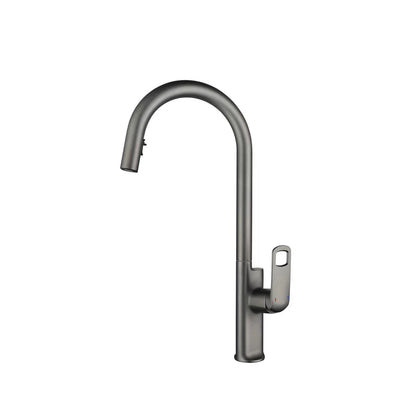 Gunmetal grey pull-down kitchen faucet, brass, high-arc gooseneck with looped side lever — SANIKB FYF-05017.