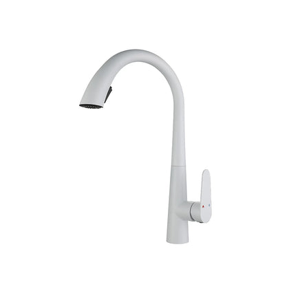Matte white pull-down kitchen faucet, brass body, tall gooseneck spout — SANIKB FYF-05018.