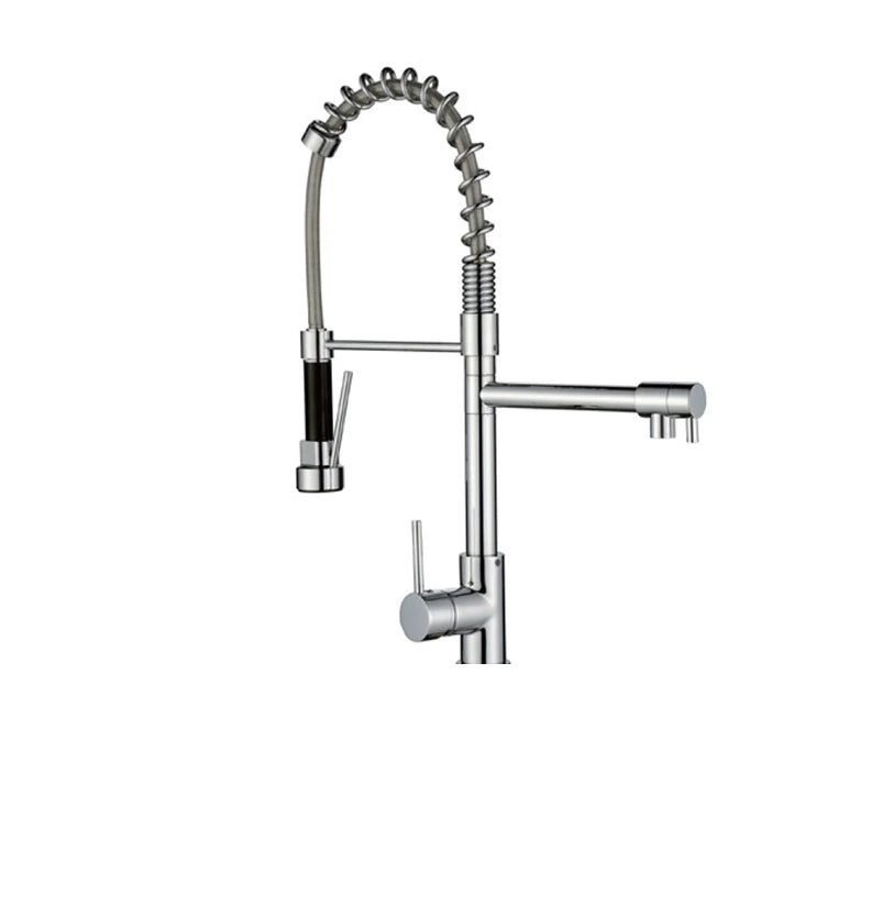 Brushed Nickel pull-down kitchen faucet, brass body, spring-coil sprayer with black hose and a fixed swing-arm spout — SANIKB F373302
