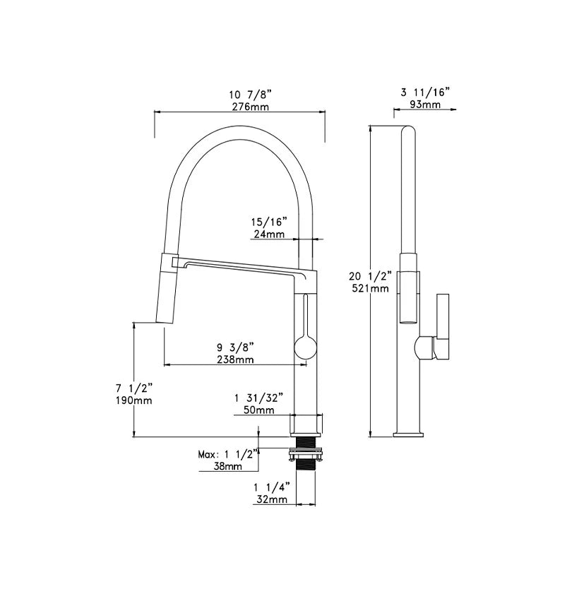 Dimensioned spec drawing for SANIKB F374302 commercial pull-down kitchen faucet, brass body, 20.5" x 10.9" (521 x 276 mm)