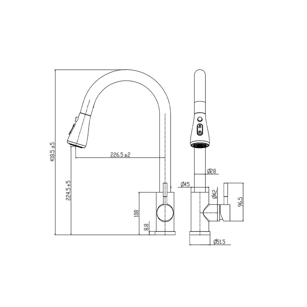 Dimensioned spec drawing for SANIKB FYF-05015 pull down kitchen faucet