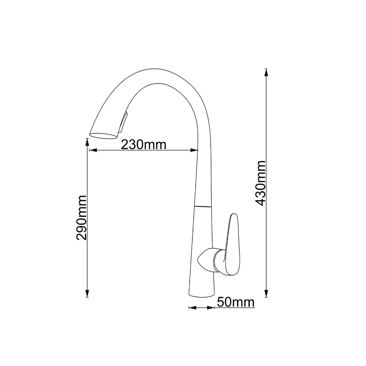 Dimensioned spec drawing for SANIKB FYF-05018 pull down kitchen faucet, 430mm height, 230mm spout reach.