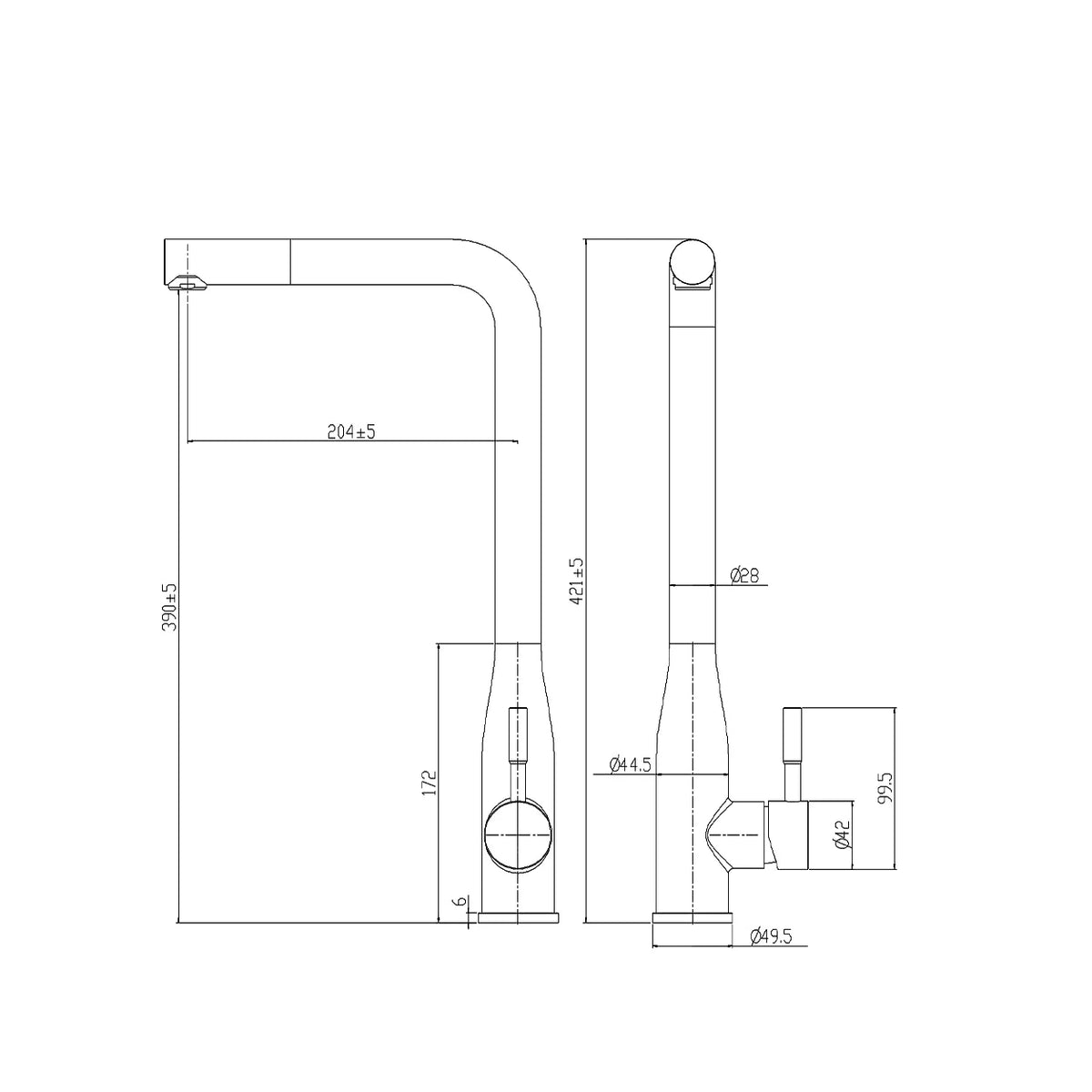 Dimensioned spec drawing for SANIKB FYF-05026 pull-down kitchen faucet.