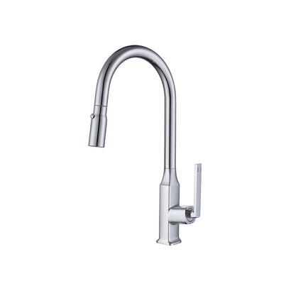 Polished chrome pull-down kitchen faucet, brass body, high-arc gooseneck spout with side lever — SANIKB FYF-05014.