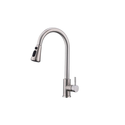 Brushed nickel pull-down kitchen faucet, brass, high-arc gooseneck spout with spray/stream toggle — SANIKB FYF-05015