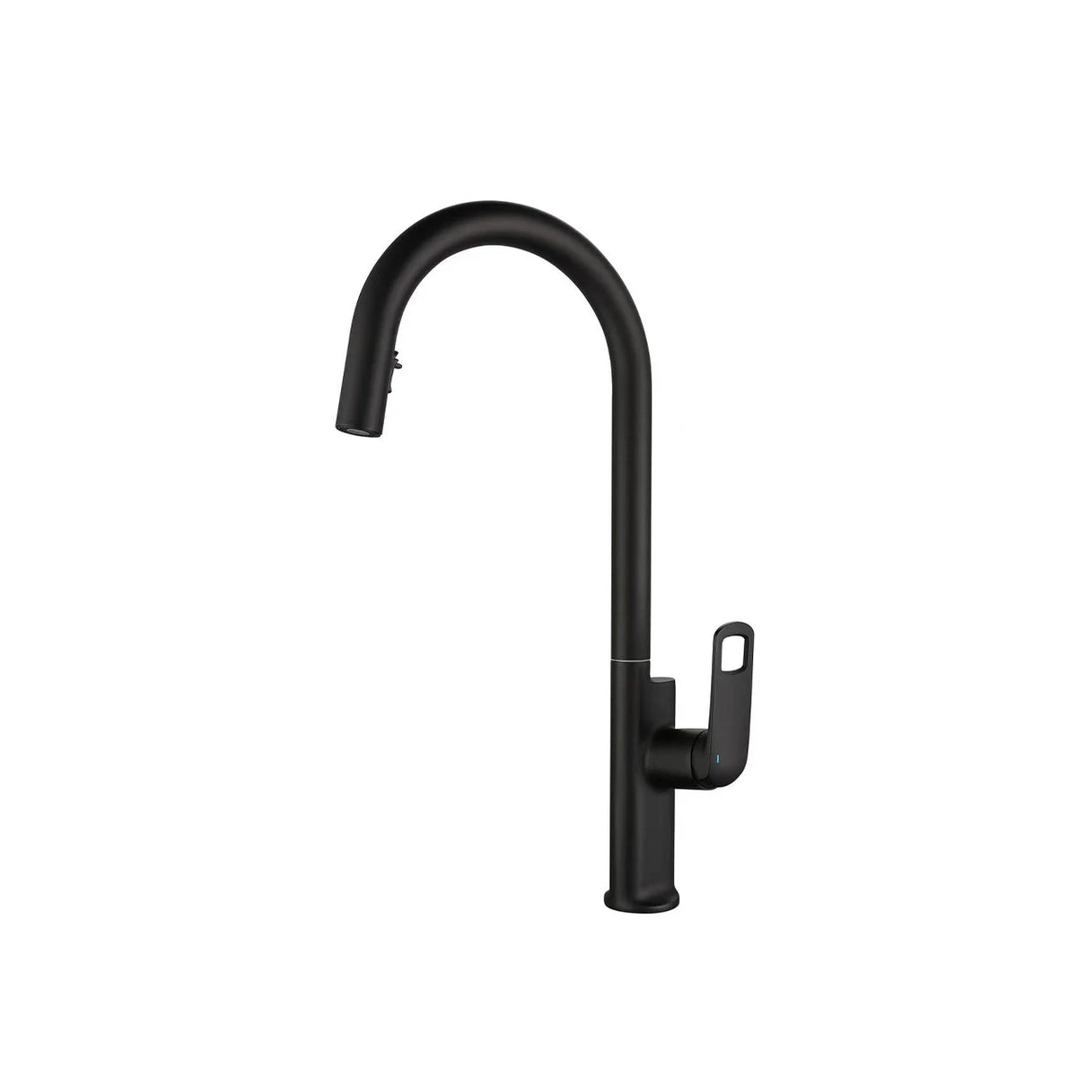 Matte black pull-down kitchen faucet, brass body, high-arc gooseneck with looped lever — SANIKB FYF-05017.