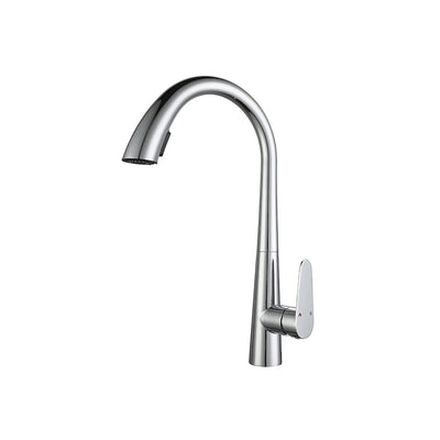 Polished chrome pull-down kitchen faucet, brass body, gooseneck spout with side lever — SANIKB FYF-05018.