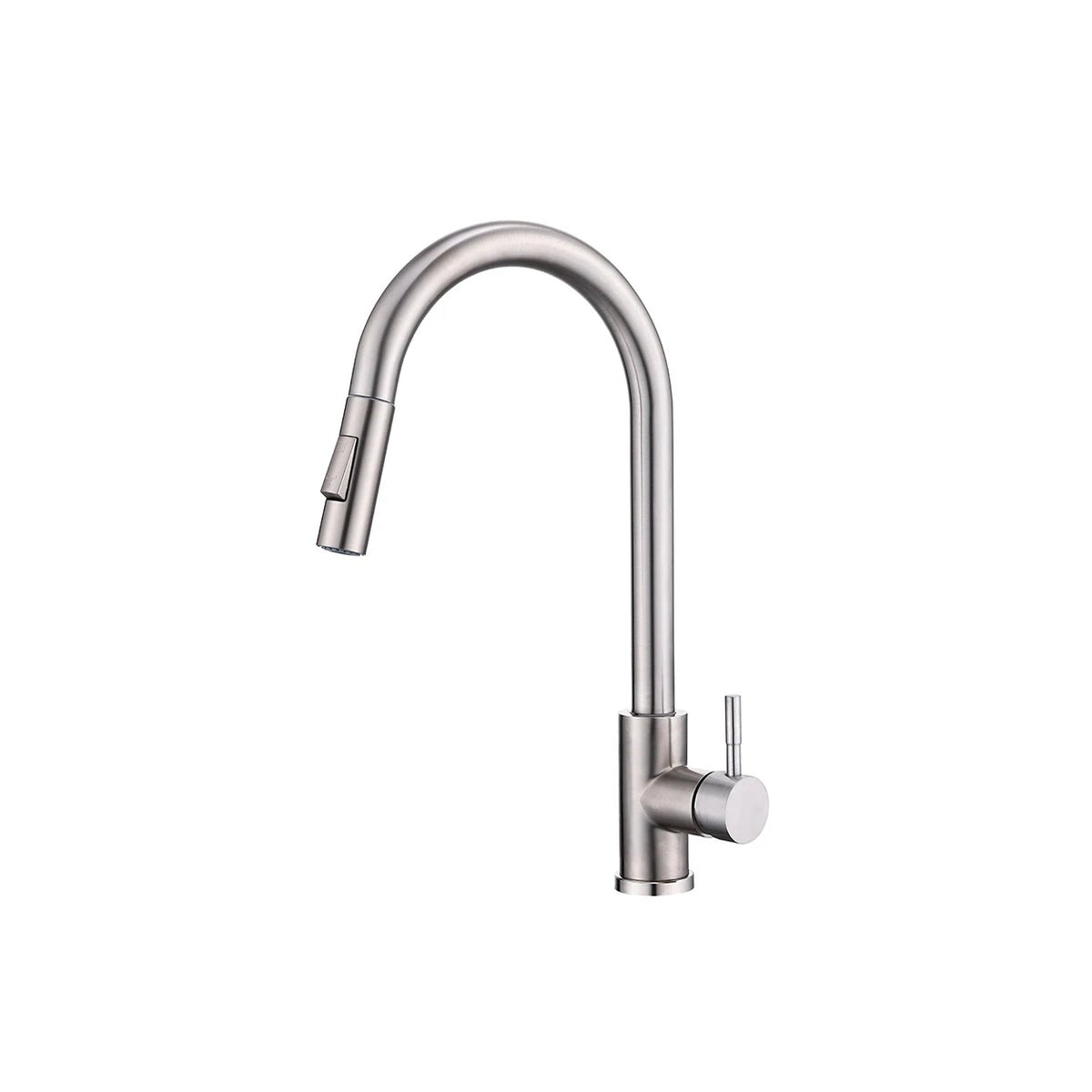 Brushed nickel pull-down kitchen faucet, brass body, high-arc gooseneck spout and side lever — SANIKB FYF-05027.