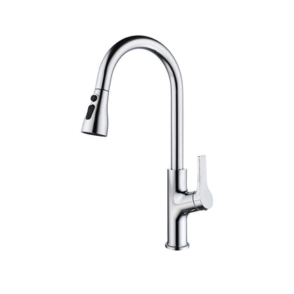 Polished chrome pull-down kitchen faucet, brass body, high-arc gooseneck spout with ribbed lever handle — SANIKB FYF-05028.