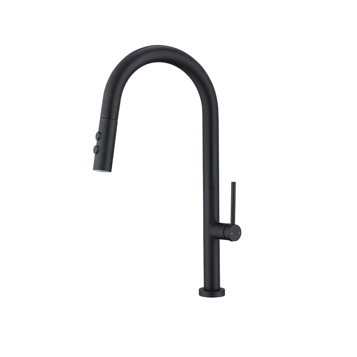 Matte black pull-down kitchen faucet, solid brass, high-arc gooseneck spout with dual-spray head — SANIKB FYF-05034.
