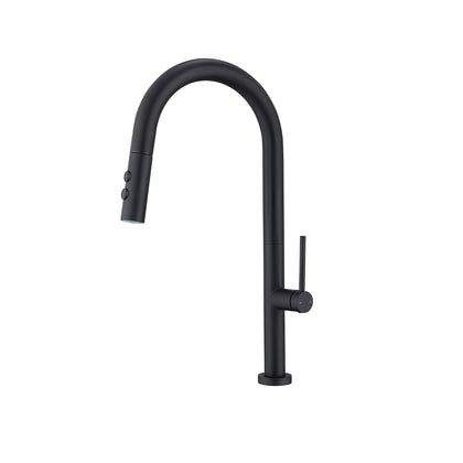 Matte black pull-down kitchen faucet, solid brass, high-arc gooseneck spout with dual-spray head — SANIKB FYF-05034.