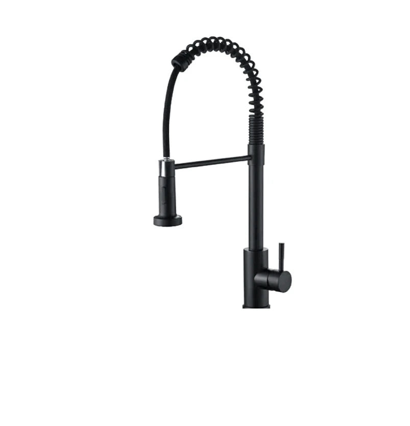 Matte Black pull-down kitchen faucet, brass body, black coil-spring sprayer with a fixed second spout — SANIKB F803402