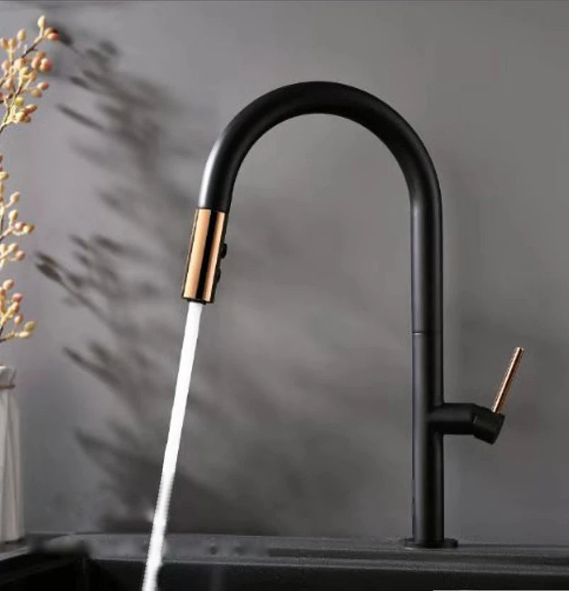 Matte Black & Rose Gold pull-down kitchen faucet, brass body, smooth gooseneck with a two-tone pull-down sprayhead — SANIKB F400202