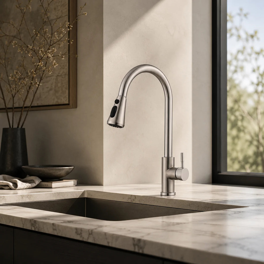 Pull down kitchen faucet brass, installed kitchen lifestyle scene — SANIKB FYF-05015