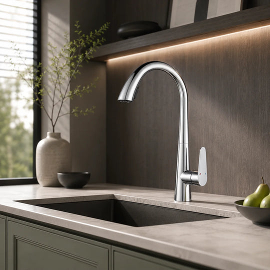Pull down kitchen faucet brass, installed kitchen lifestyle scene — SANIKB FYF-05018