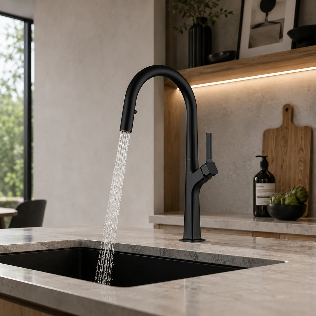 Pull down kitchen faucet brass, installed kitchen lifestyle scene — SANIKB FYF-05033