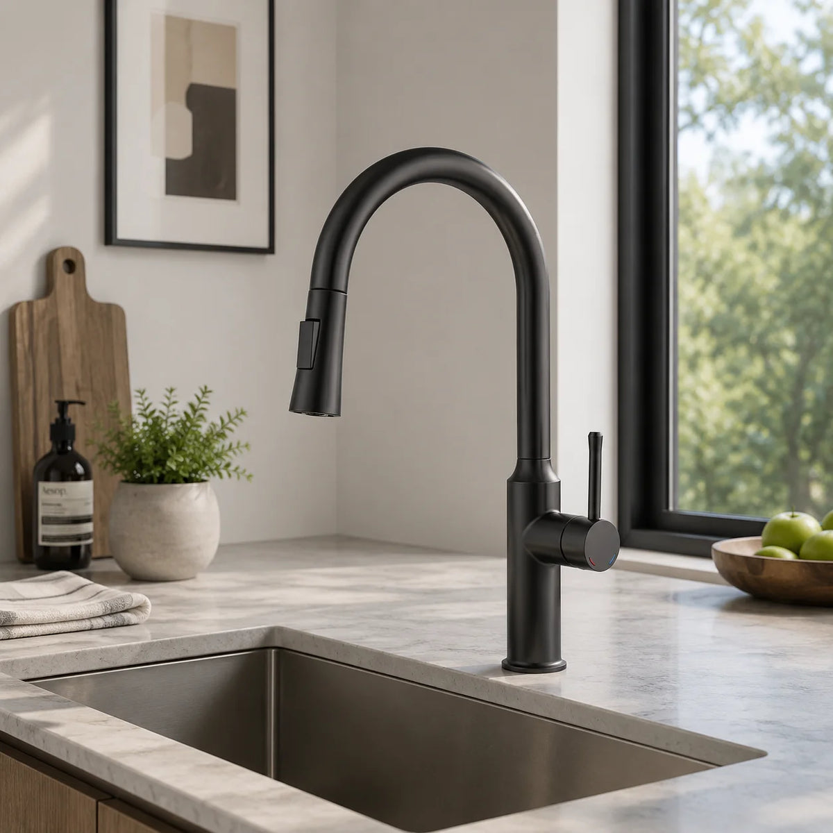 Pull down kitchen faucet brass, installed kitchen lifestyle scene — SANIKB FYF-05049