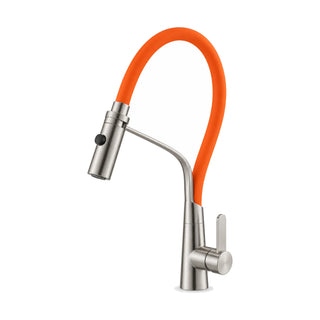 Brushed nickel pull-down kitchen faucet with orange flexible hose loop and spray head on an angled arm — SANIKB DL-05 091-CP
