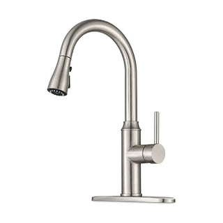Brushed nickel pull-down kitchen faucet with straight round body, side pin lever and deck plate — SANIKB DL-05 137-NY