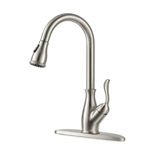 Brushed nickel pull-down kitchen faucet with S-curved lever, high arc spout and long rectangular deck plate — SANIKB DL-05 102-NY