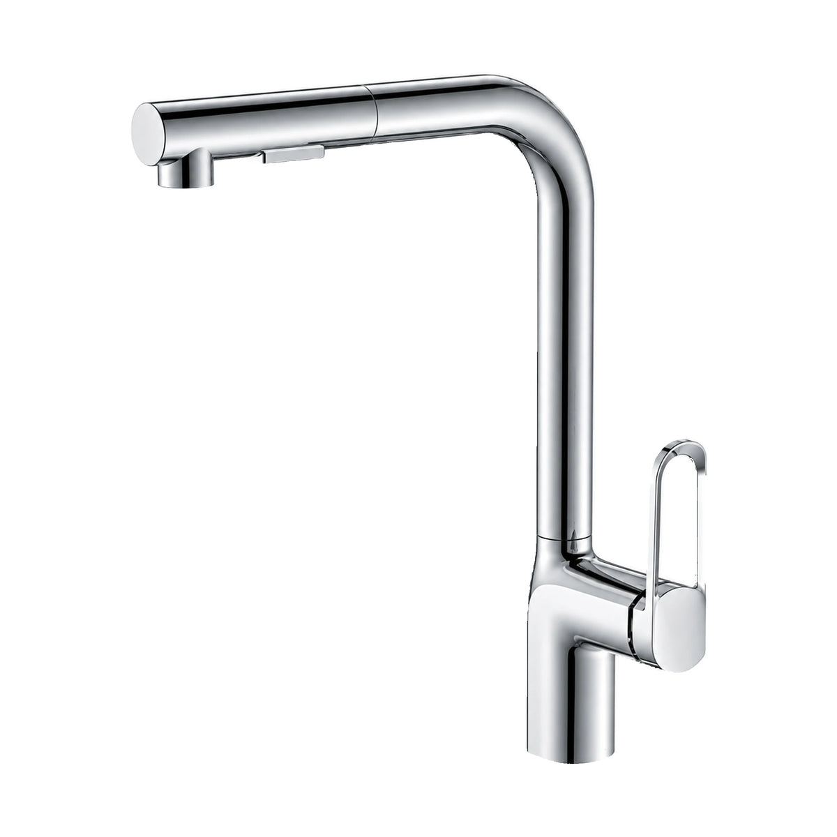 Chrome — Matte black kitchen faucet with tall L-shaped round tube, pull-out spray head and open oval loop side lever — SANIKB DL-05 155-CP