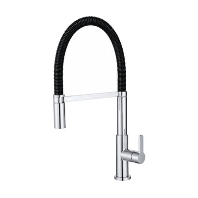 Chrome pull-down kitchen faucet with round column, black flexible hose arc and spray head on a side arm — SANIKB DL-05 089-CP
