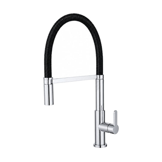 Chrome pull-down kitchen faucet with round column, black flexible hose arc and spray head on a side arm — SANIKB DL-05 089-CP