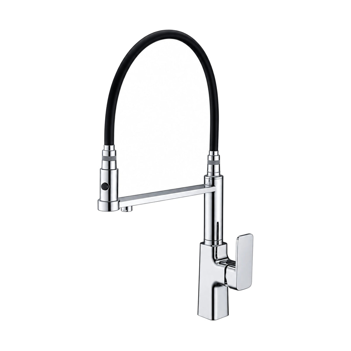 Chrome pull-down kitchen faucet with black flexible hose loop and spray head on a long horizontal arm — SANIKB DL-05 106-CP