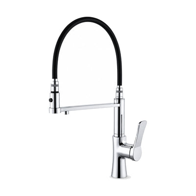 Chrome pull-down kitchen faucet with body flaring at the base, angled lever and black hose loop — SANIKB DL-05 107-CP