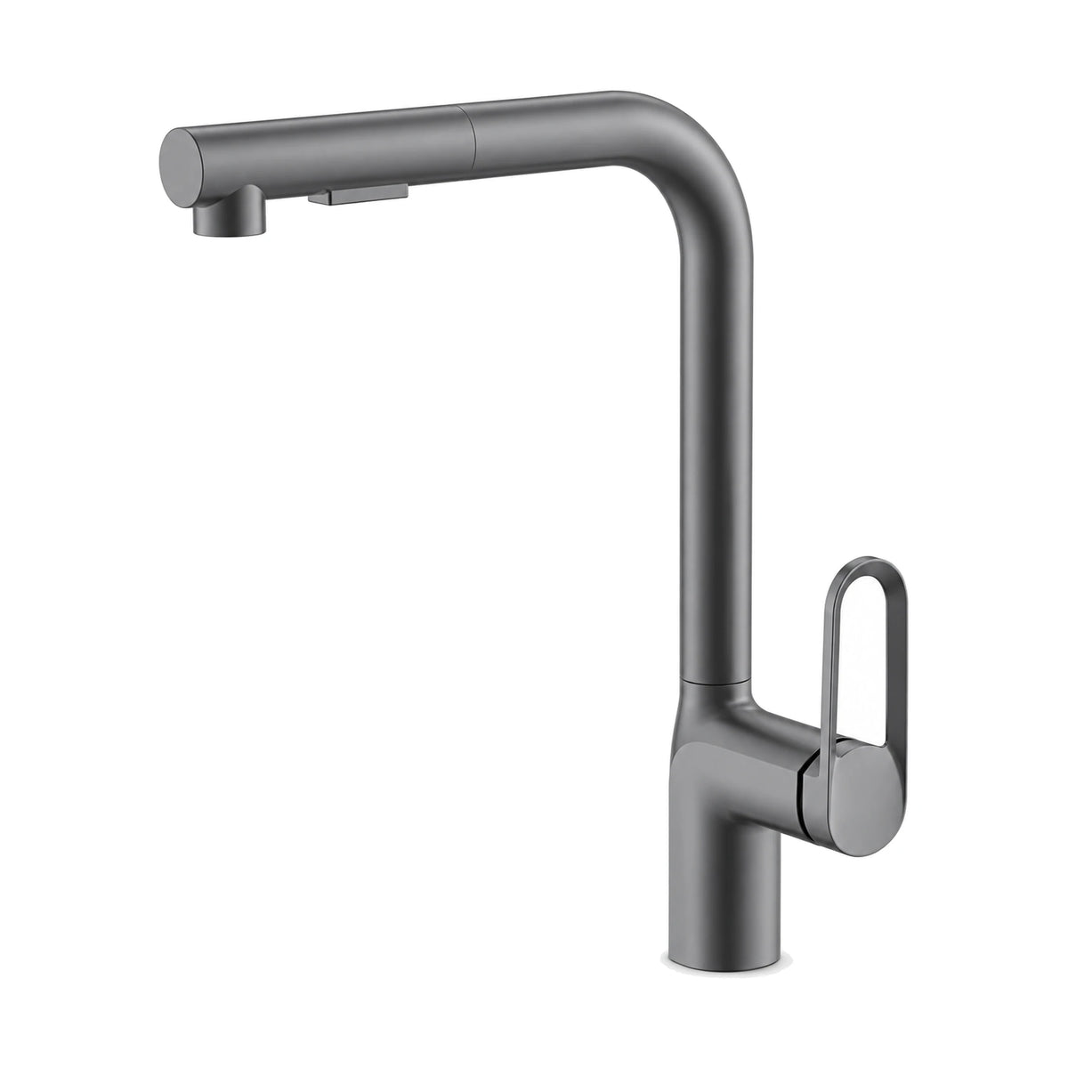 Gun Metal Grey — Matte black kitchen faucet with tall L-shaped round tube, pull-out spray head and open oval loop side lever — SANIKB DL-05 155-QH