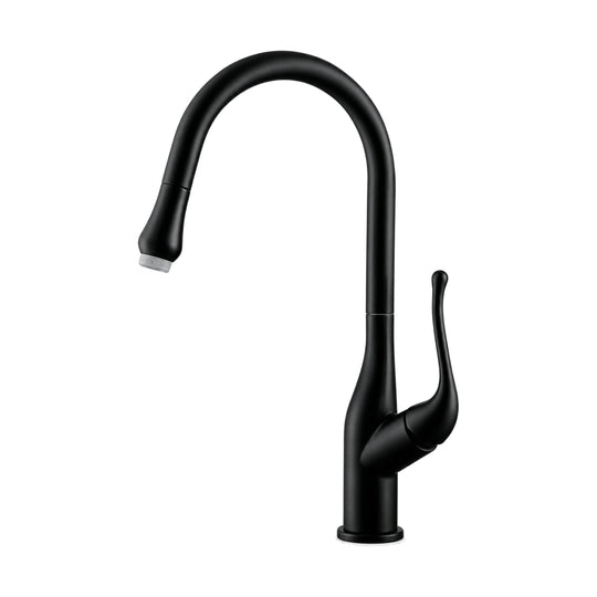 Matte Black — Matte black pull-down kitchen faucet with slim body, tall curved blade lever alongside and high arc spout — SANIKB DL-05 103-BK