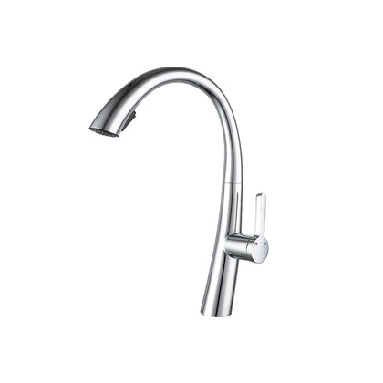 Polished chrome pull-down kitchen faucet, stainless steel body, curved gooseneck spout, side lever — SANIKB FYF-05016.