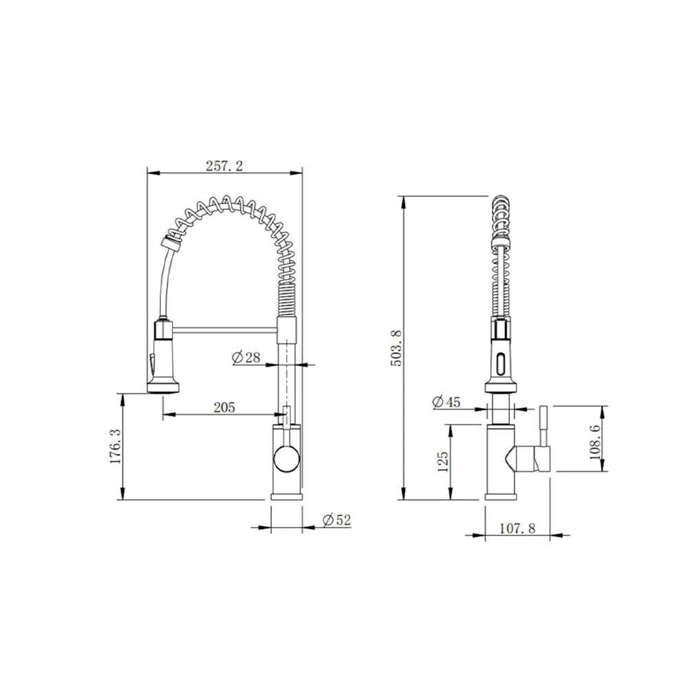 Dimensioned spec drawing for SANIKB FYF-05035 stainless steel pull-down kitchen faucet.