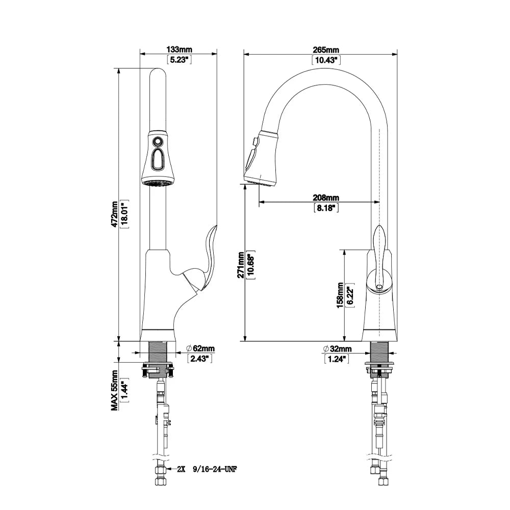 Dimensioned spec drawing for SANIKB FYF-05038 pull-down kitchen faucet