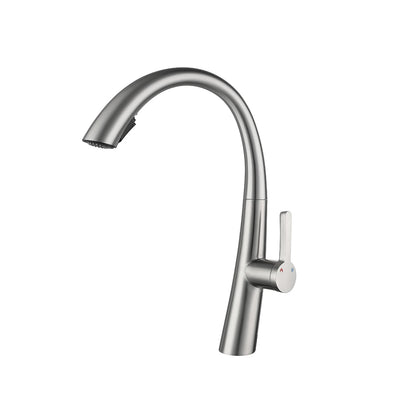 Brushed nickel pull-down kitchen faucet, stainless steel body, high-arc gooseneck spout — SANIKB FYF-05016.