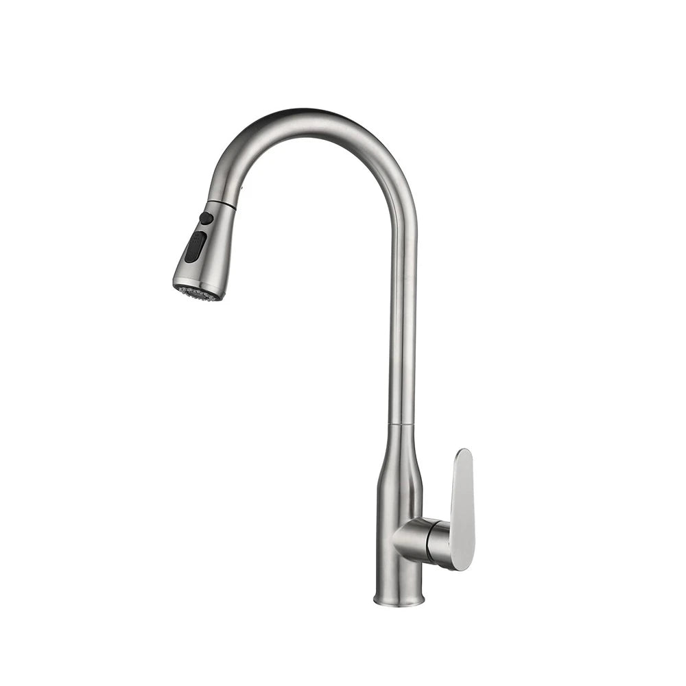 Brushed stainless steel pull-down kitchen faucet, high-arc gooseneck spout, pull-down spray head — SANIKB FYF-05037.