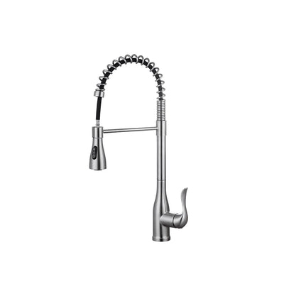 Brushed stainless steel pull-down kitchen faucet, commercial spring-coil neck with dual-spray head — SANIKB FYF-05048.