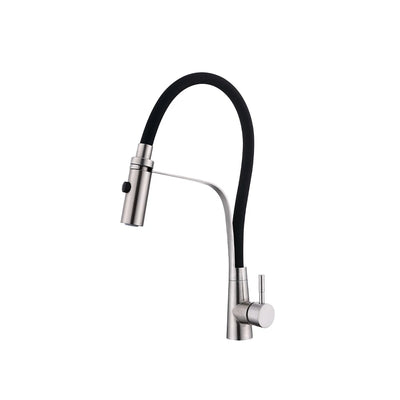 Brushed nickel pull-down kitchen faucet, stainless steel body, black gooseneck spout — SANIKB FYF-05052