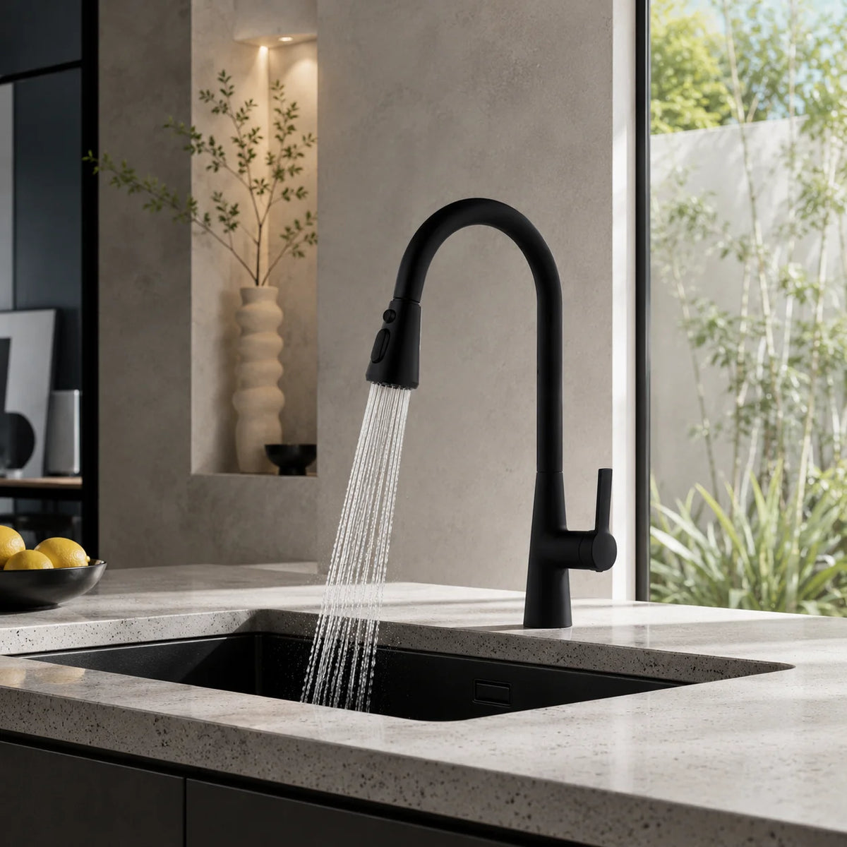 Pull down kitchen faucet stainless steel, installed kitchen lifestyle scene — SANIKB FYF-05032